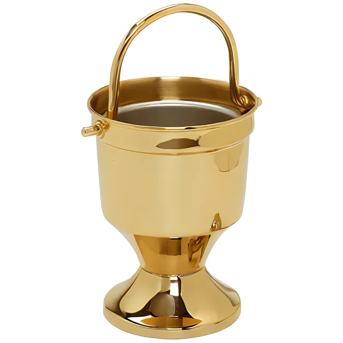 K164SBR Holy Water Pot with Sprinkler – Satin Brass, 7″ Pot with 9.75″ Sprinkler
