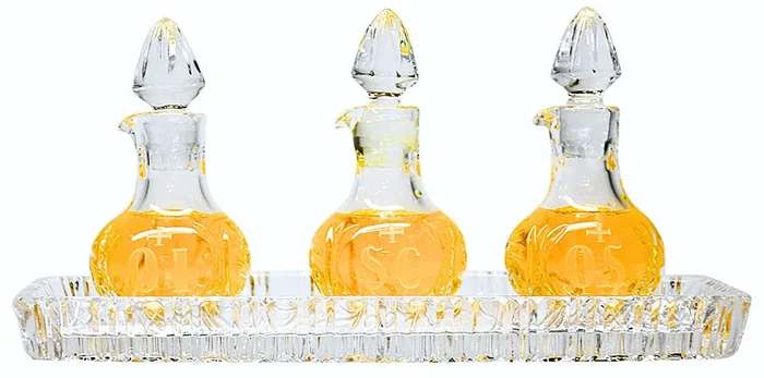K74 Ambry Set – Set of 3 Hand-Cut Imported Crystal Holy Oil Bottles (OI, OS, SC), 2 oz Capacity, 4.5″H with Stopper, 1.75″ Base, Optional OC Engraving, Church Supply