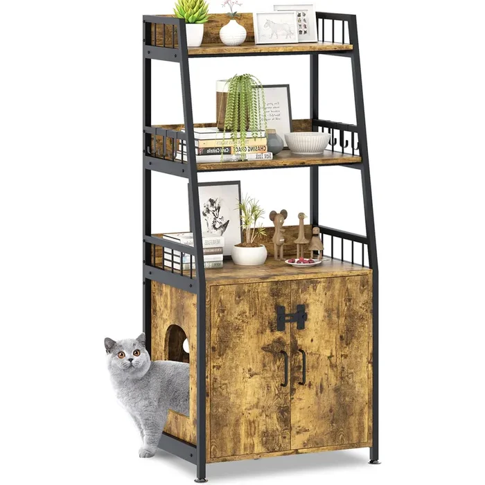 Katrawu Litter Box Enclosure with Shelves, Hidden Cat Enclosure Furniture,2-in-1 Tall Cat Litter Box Cabinet,Cat Washroom with Free Cat Scratch Pad,Rustic Brown 52in H