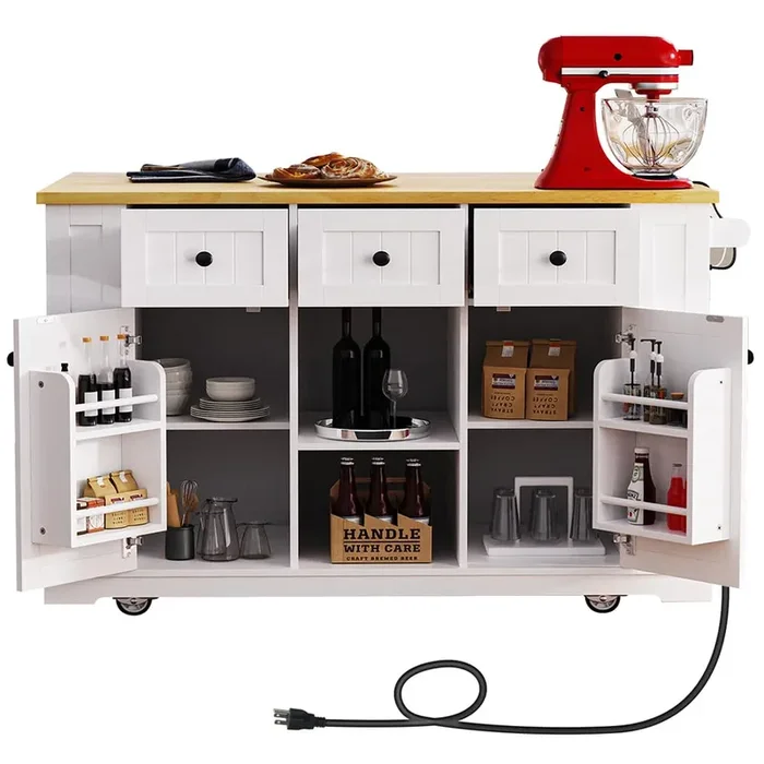 Kennkari Rolling Kitchen Island on Wheels with Drop Leaf, Wide Moblie Kitchen Island with Storage Cabinets and Power Outlet, Large Island Table with Towel Rack and Spice Rack (White)
