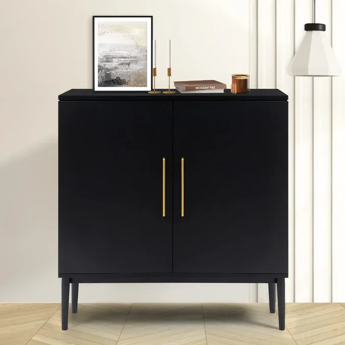 KFO Storage Cabinet with Doors, Black Accent Cabinet, Modern Free Standing Cabinet, Black Sideboard with Metal Base for Bedroom, Living Room, Kitchen and Office