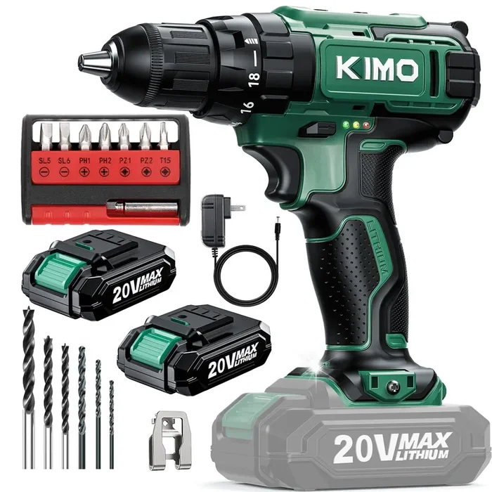 KIMO 20V Cordless Drill Set with 2 Packs 2.0Ah Battery, Max 350 In-lb Torque, 1350 RPM, 3/8″ Keyless Chuck, 18+2 Clutch Setting, 18pcs Accessories, Power Drill for Drilling Wood Bricks Walls Metal
