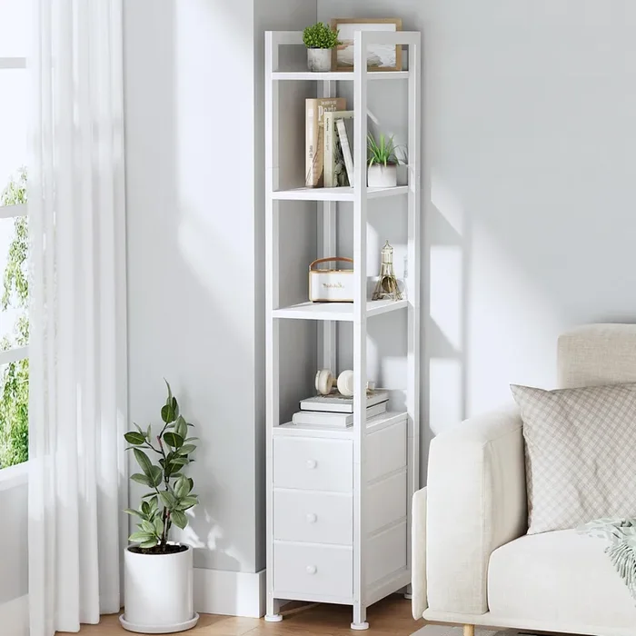 KLUVIS White Narrow Bookshelf with 3 Drawers – 4 Tier Thin Book Shelf for Small Spaces Skinny Shelves Slim Farmhouse Fabric Drawer 60 inch Tall (04W)