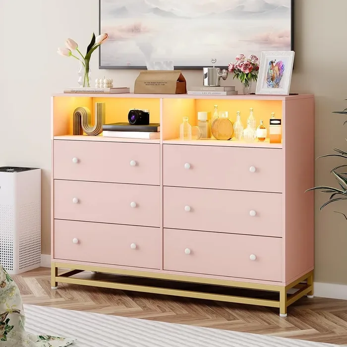 Klysiora Dresser for Bedroom with 6 Drawers, Wide Wooden Dresser with LED Light and Charging Station, Large Storage Space, Modern Storage Organizer Unit for Closet, Entryway