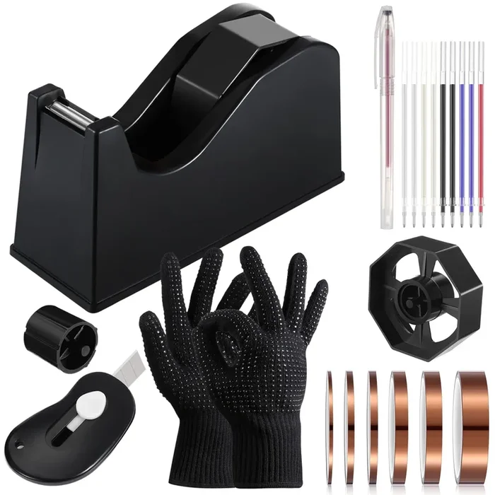 Kosiz 20 Pcs Heat Tape Dispenser Set 2 Heat Resistant Gloves with Silicone Bumps 6 Multi Size Heat Tape for Sublimation Mini Cutter Pen Set Nonskid Weighted Base Tape Holder for Heat Press (Black)