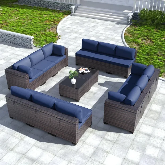 Kullavik 14PCS Outdoor Patio Furniture Set PE Wicker Rattan Sectional Sofa Patio Conversation Sets,Navy blue