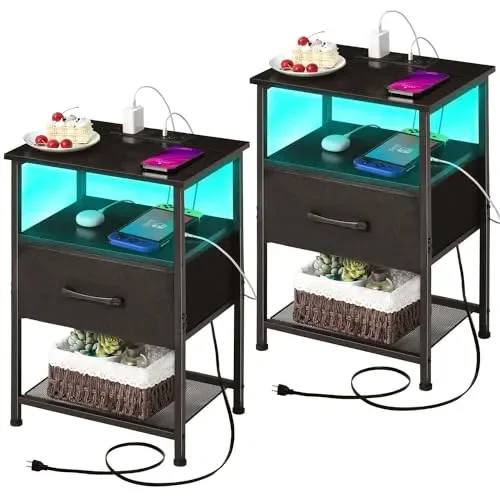 LAKEMID Nightstands Set of 2 with Fast Charging Station and Drawer, End Table Bedside Table with 20 Colors LED Light Strip and 2 Layers Shelf for Bedroom Living Room Sofa Couch (Black)