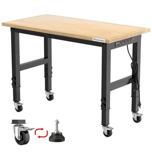 LARBANKE 48″ Adjustable Workbench with Wheels,Heavy-Duty Rubber Wood Worktable with Power Outlets & Precision Scales & Foot Pads,2000 LBS Load