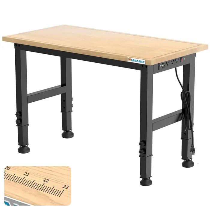 LARBANKE 48″ Workbench with Scales,Weight Capacity to 2300 LBS Heavy Duty Rubberwood Worktable,Adjustable Worktable with 5 Adjustable Heights,Power Outlet,Suitable for Workshops,Offices and Homes
