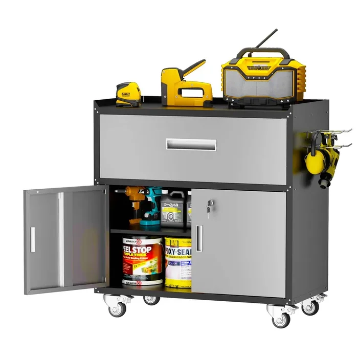 LCAOPC Metal Garage Storage Cabinet with Wheels, Lockable Rolling Tool Chest with Wheels, Tool Cabinet on Wheels, Utility Cabinet for Home, Office, Garage and Workshop, Black & Gray