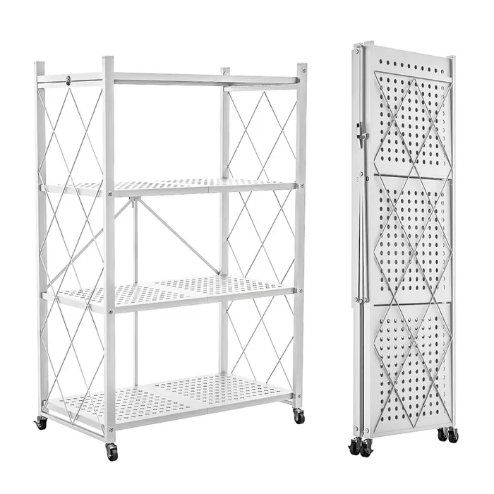 Lifetime Home 4-Tier Foldable Storage Shelf with Wheels – Metal Collapsible Shelving Unit Display, Rolling Cart for Books Kitchen Storage Shelves, Pantry & Closet Organizer, Office Room Decor – White