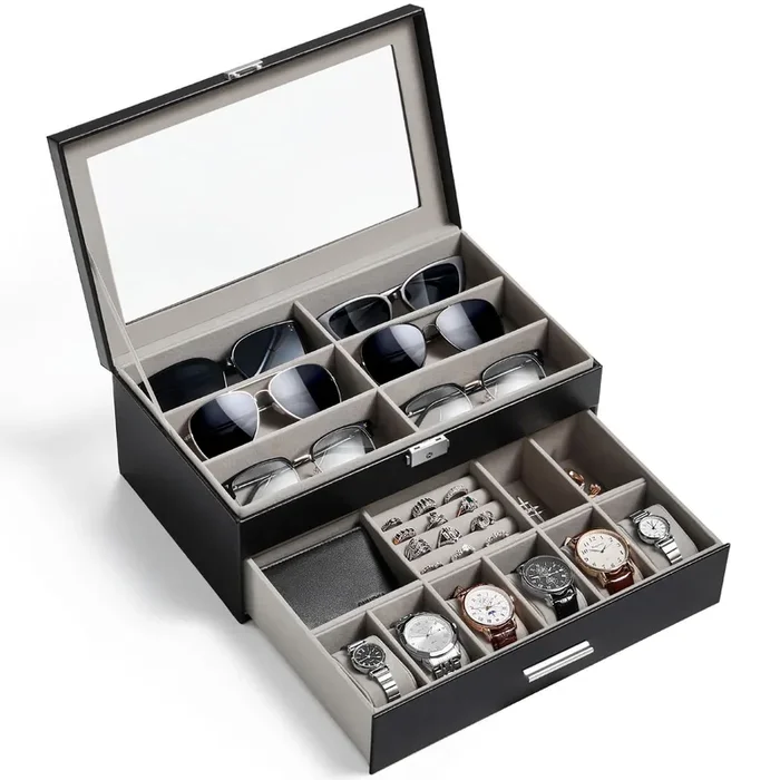 Lifewit 2- layer Sunglasses Organizer with Glass Lid, 6 Slots eyeswear Holder, 6 Slots Watch box, Spaces for Rings, Brooch, Tie Clip, Multiple Eyeglasses Display Case for Men, Gift Idea, Inky Black