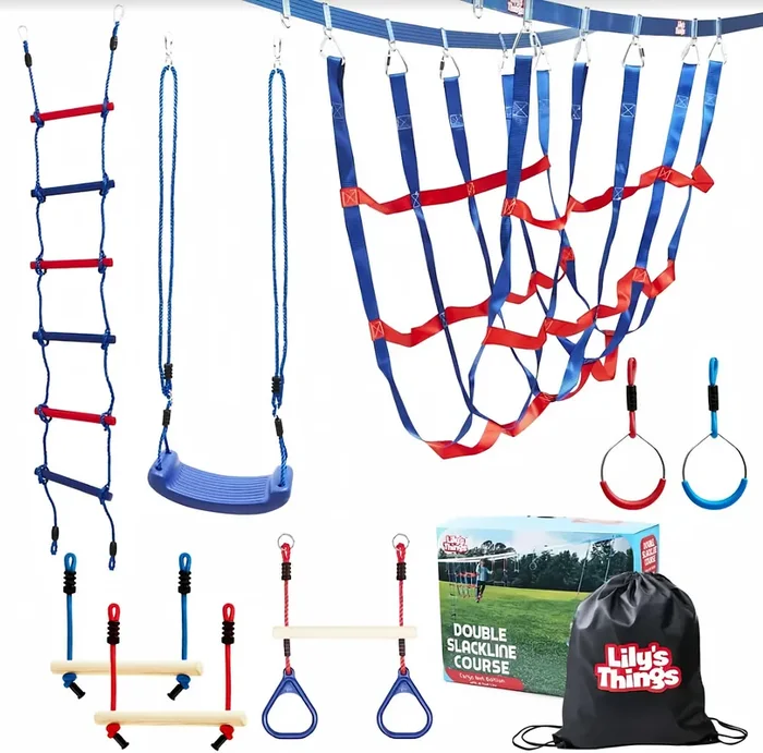Lily’s Things Double Slackline Obstacle Course for Kids | 80 Foot Line Ninja Warrior Obstacle Course Patented Double Line Design Unique Outdoor Ultimate Playground Climbing Challenge – Cargo Net Set