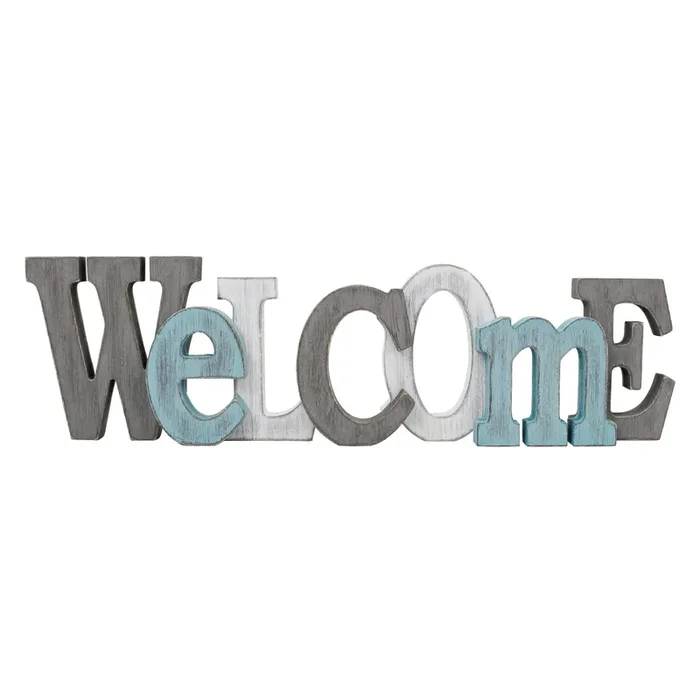 Linfevisi Wooden Welcome Sign Aqua Hanging Block Letters Sign Rustic Freestanding Wood Word Decor Decorative Welcome Table Sign Cutout Word Art Wall Decor (Welcome)