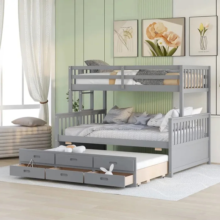 Linique Twin-Over-Full Bunk Bed with Twin Size Trundle,Can be Divided into a Captain Bed with 3 Drawers and a Single Bed for Bedroom,Guest Room(Gray)