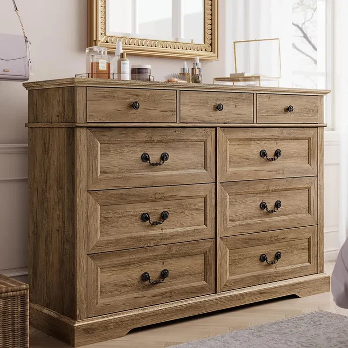 LINSY HOME 9 Drawers Dresser for Bedroom, Wood Bedroom Dresser Farmhouse Drawer Chest, 9 Chest of Drawer, Tall Dresser for Closet, Dressers Organizer for Living Room, Closet, Hallway, Rustic Oak
