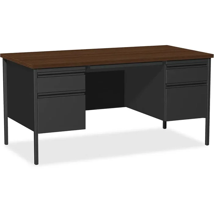 Lorell Fortress Series Double Pedestal Desk, 60″ x 30″ x 29.5″, Black Steel Frame with Walnut Top