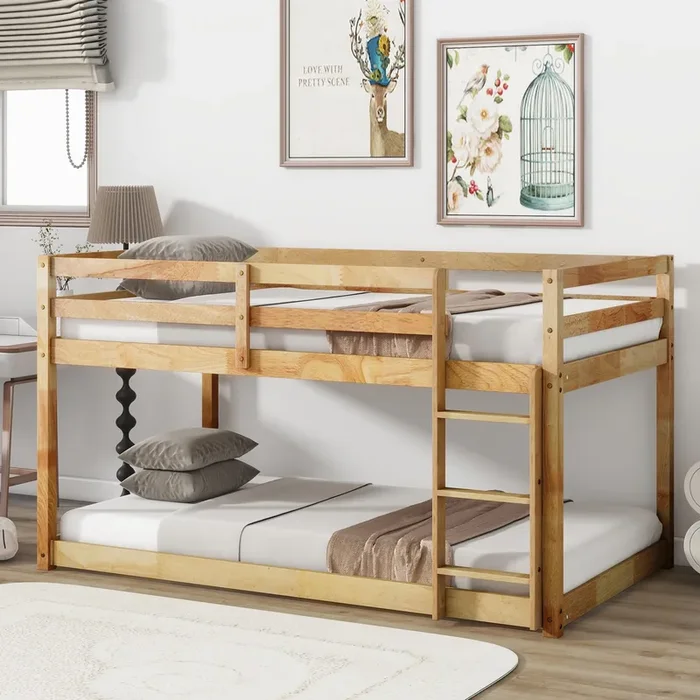 Low Bunk Beds Twin Over Twin Floor Bunk Bed Frame Junior Loft Bed for Kids Boys Girls Teens, Natural
