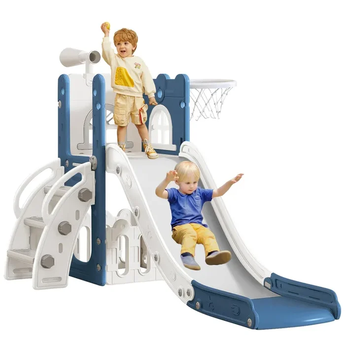 LulliSpace 6 in 1 Toddler Slide for Toddler Age 1-3,Kids Climber Slider for Indoor Outdoor Playground with Basketball Hoop,Storage and Telescope,L Shaped Slide for Toddler Climber Playset