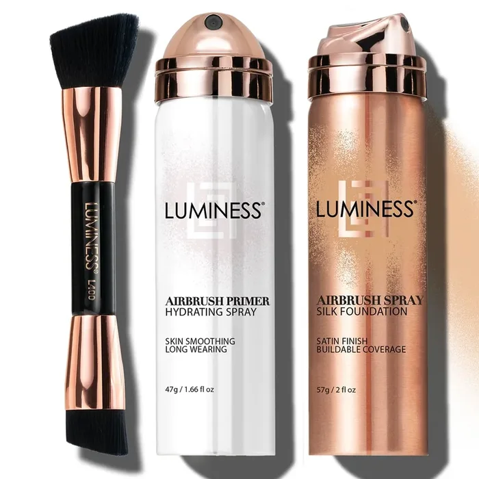 LUMINESS Silk Airbrush Spray Foundation Makeup Starter Kit – Full Coverage Foundation, Primer & Dual-Sided Buffing Brush – Buildable, Anti-Aging