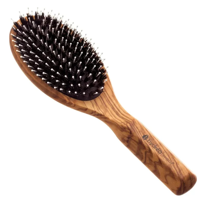 Luxe Olive Wood Hair Brush with Boar Bristles and Pins with Rubber Cushion for Smooth Detangle