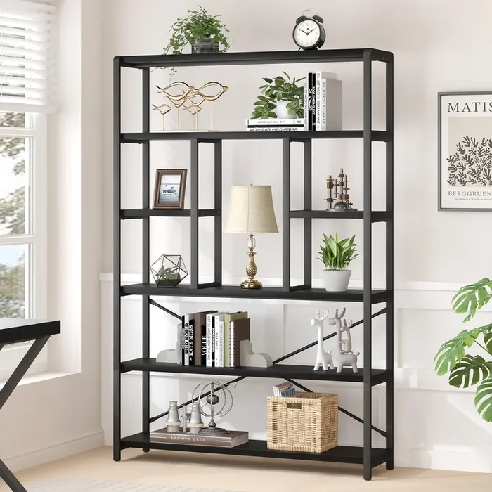 LVB 6 Tier Tall Black Bookshelf, Modern Large Wide Book Rack Storage, Industrial Wood Metal Etagere 6 Shelf Bookcase, Farmhouse Open Display Book Shelf Organizer for Bedroom Living Room Office, Black