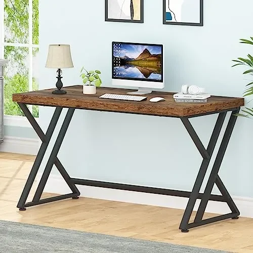 LVB Rustic Computer Desk, Metal Wood Home Office Desk, Industrial Simple Study Executive Desk for Writing Work, Wooden Student Gaming Computer PC
