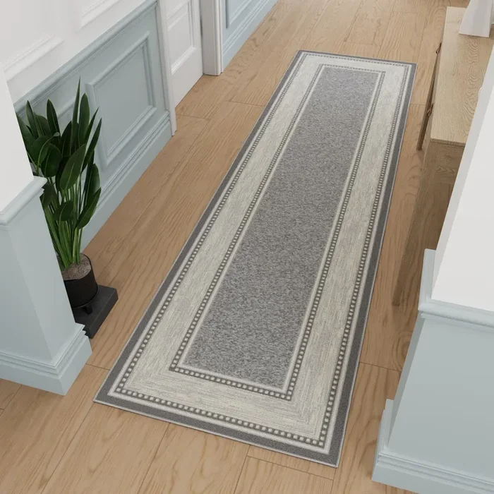Machine Washable Bordered Design Non-Slip Rubberback 3×10 Traditional Runner Rug for Hallway, Kitchen, Bedroom, Living Room, 2’7″ x 9’10”, Light Gray