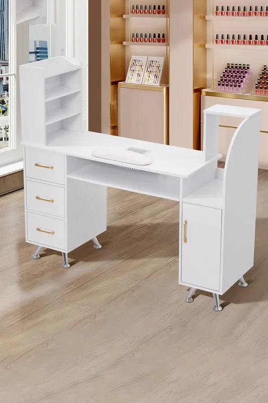 Manicure Table with Dust Collector, Wrist Cushion and Sleek White Design