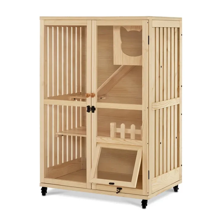MCombo Wooden Cat Houses for Indoor Cats, Luxury Cat House with Scratching Pad, Lockable Doors, Wheels, CT090