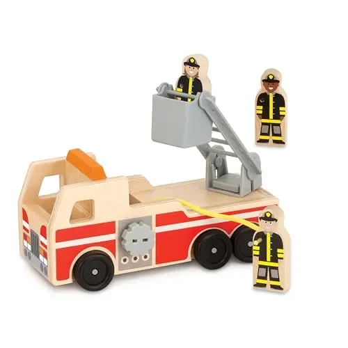 Melissa & Doug Wooden Fire Truck With 3 Firefighter Play Figures – Fire Truck Toys For Kids, Toddler Toy For Pretend Play, Classic Wooden Toys For