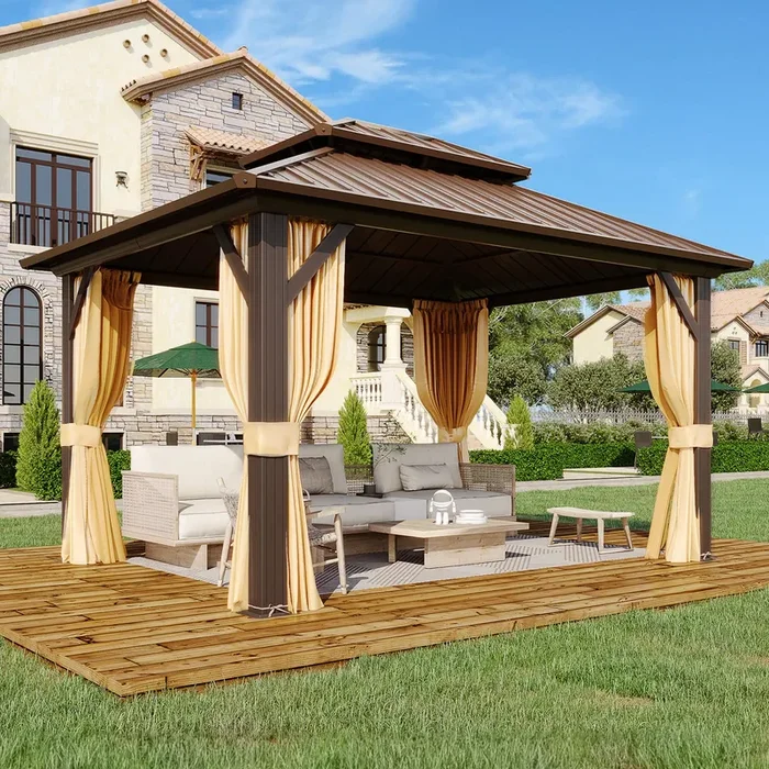 MELLCOM Hardtop Gazebo 10×12, Heavy Duty Galvanized Steel Double Roof with Stylish Vertical Stripes, Nettings and Curtains Included