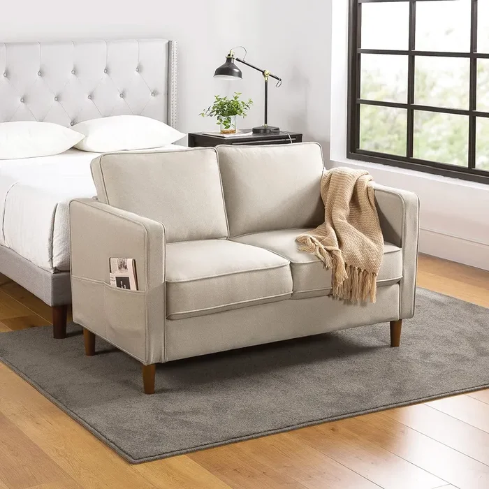 Mellow HANA Modern Linen Fabric Loveseat / Sofa / Couch with Armrest Pockets, Sand Grey