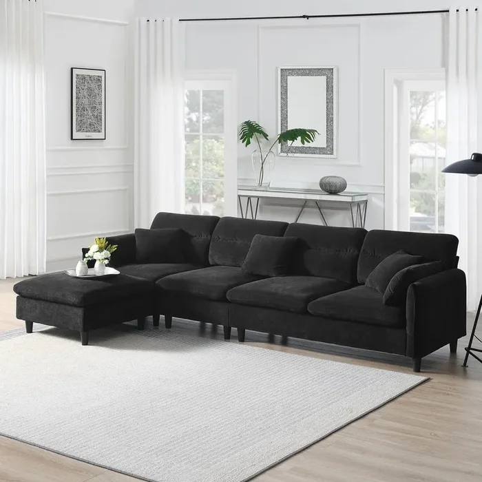 Merax 110 * 62″ Modern 5 Seat Convertible Sectional Sofa with Ottoman & 5 Pillows, Cloud Chenille L-Shaped Reversible Couch Set for Living Room,Apartment, Black