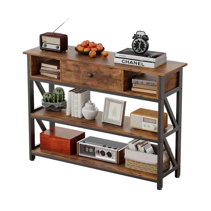 Mexin 39 Inch Console Sofa Table with Drawer, Entryway Table with Storage Shelves, Industrial Wood Hallway Table for Living Room Couch Foyer Kitchen Counter, Rustic Brown