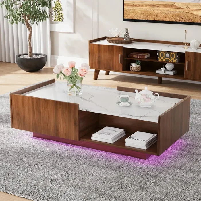 Mid Century Modern Coffee Table, 47.2″ LED Rectangle Accent Center Table with 2 Sliding Drawers and Open Display Shelf for Living Room, (Walnut Grain and High Glossy White Marble Color Top Plate)