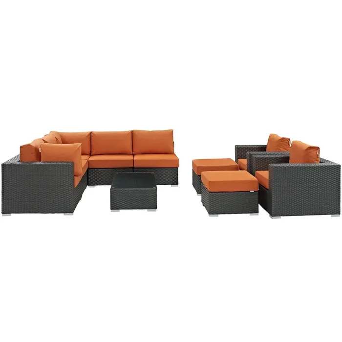 Modway Sojourn Wicker Rattan 10 Piece Outdoor Patio Sunbrella Sectional Set in Canvas Tuscan
