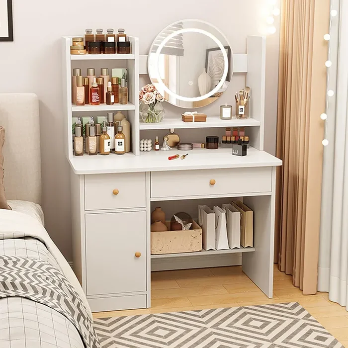 MONGMON Dressing Table,Makeup Table with Drawers, Vanity Desk with Mirror and led Lights,3 Lighting Mode,Makeup Vanity Desk,Multifunctional Makeup Writing Desk for Bedroom (White)
