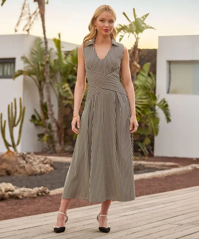 Monochrome Striped Sleeveless Collared Midi Dress