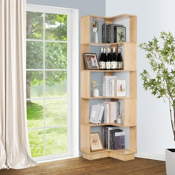 mopam 5 Tier Corner Bookshelf 69” Tall L Shaped Bookcase Open Etagere Book Shelf Freestanding Wood Grain Book Shelf Streamlined Bookshelf Industrial Storage Bookcase for Living Room Home Office