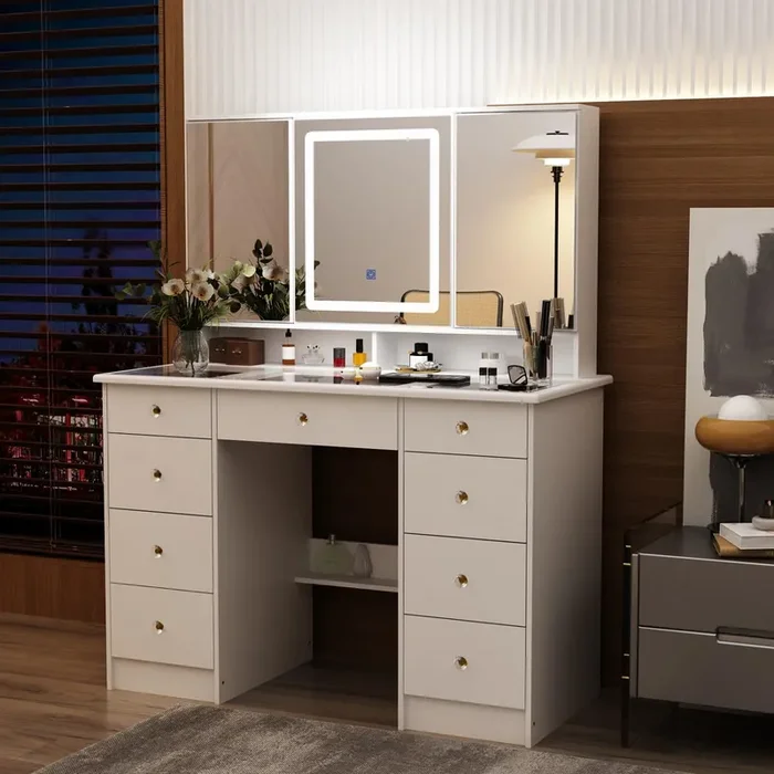 MOUMON Large Vanity Desk with Open Mirror and Glass Tabletop, Vanity Desk with Mirror and Lights, Drawers and Shelves, Crystal Handles, Cushion Stool not Included, White (43.3”W x 19.7”D x 53.6”H)