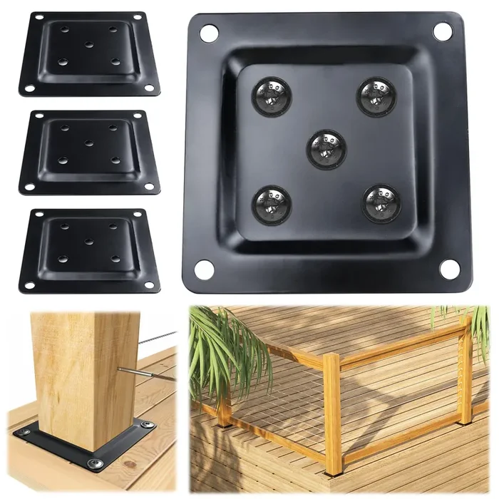 Muzata 10Pack 4″×4″ Wood Post Plate Connector Deck Post Base Plate Wood Fence Deck Porch Railing Support Base Black WT08