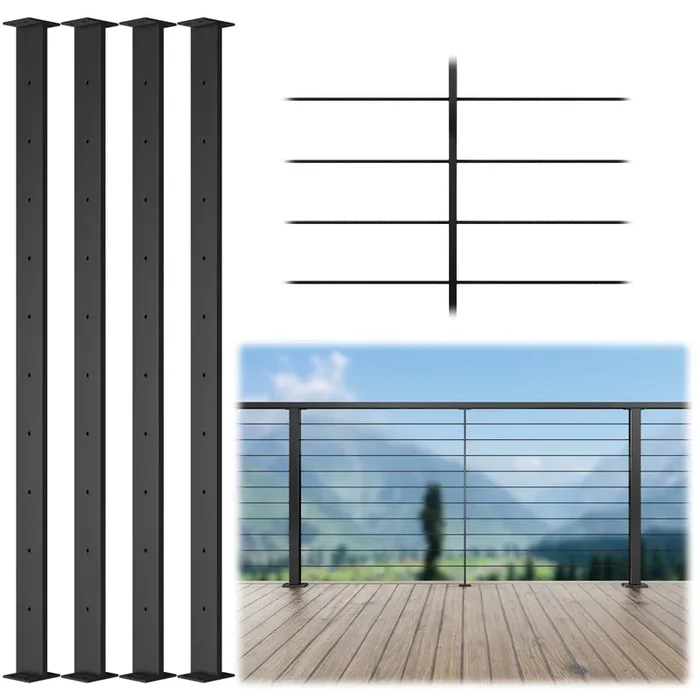 Muzata 4Pack Black Super Thin Intermediate Cable Railing Post 36 Inch 36″x3/8″x2″ Level Drilled Surface Mount T304 Stainless Steel Cable Railing System Kit Indoor Outdoor PS32 BH4S