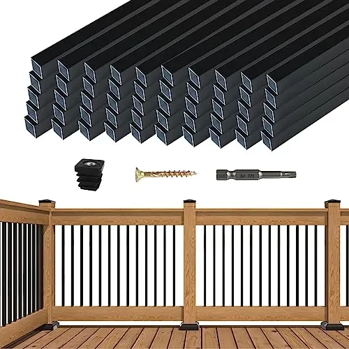 Muzata 50 Pack 36″x3/4″ Aluminum Deck Balusters Square Black Deck Railing Stair Porch Staircase Spindles for Wood and Composite Deck, WT13