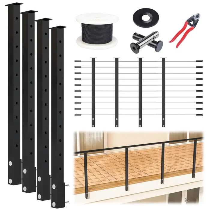 Muzata Complete Set 36″ Side Mount Cable Railing Post Kit Include 4Pack Black Posts PF02, 250ft Wire Rope, Swageless Cable Railing System DIY Kit (No Handrail) RWF2 BH4S