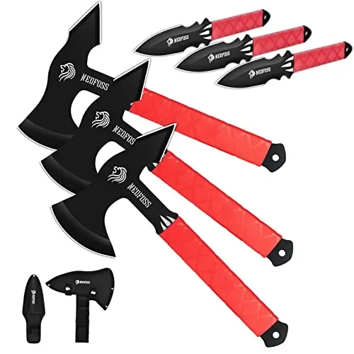 NedFoss Throwing Knives, Throwing Axes, Throwing Products Pack of 6, 11.7″ Full Tang Axe Throwing Set with TRB Rubber, Throwing Game of Fixed Blade Knife with Nylon Sheath for Recreation