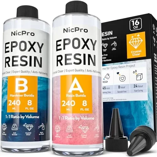 Nicpro 16 Ounce Crystal Clear Epoxy Resin Kit, Food Safe DIY Starter Epoxy Resin for Craft, Canvas Painting, Molds Pigment Jewelry Making, Resin