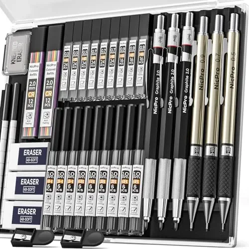 Nicpro 35PCS Art Mechanical Pencils Set, 3 PCS Metal Drafting Pencil 0.5 mm & 0.7 mm & 0.9 mm & 3 PCS 2mm Lead Holder (6B 4B 2B HB 2H 4H Colors) For