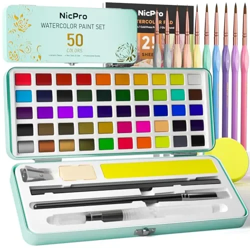Nicpro 50 Colors Watercolor Paint Set, Including Metallic & Fluorescent Color, 8PCS Macaron Painting Brushes, Water Color Paper, Palette, Art