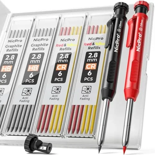 Nicpro Carpenter Pencil with Sharpener, Mechanical Pencils Set with 26 Refills, Deep Hole Marker for Construction, Heavy Duty Woodworking Pencils for